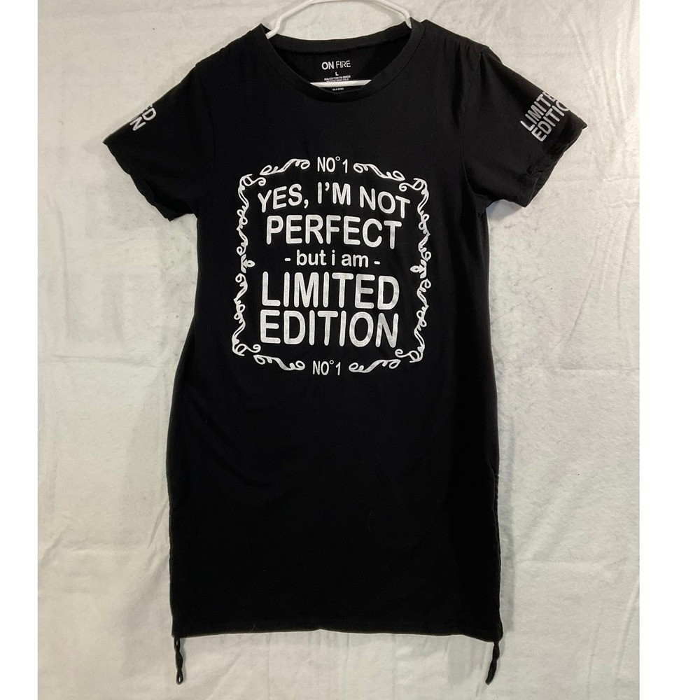On Fire T-Shirt Dress Womens Large Black Graphic Limited Edition Side Tie Casual